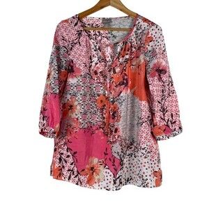 Chico's Mixed‎ Floral Print 3/4 Sleeves Shimmery Top Size Small / 2